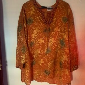 Ashton bohemian tunic in burn out velvet. Orange gold green sz XXL